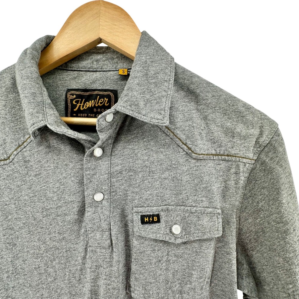 Howler Brothers Mens Western Polo Shirt Heather Grey Cotton Pearl Snap Small‎